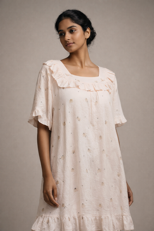 Woman wearing a light-colored dress with ruffled sleeves against a neutral background