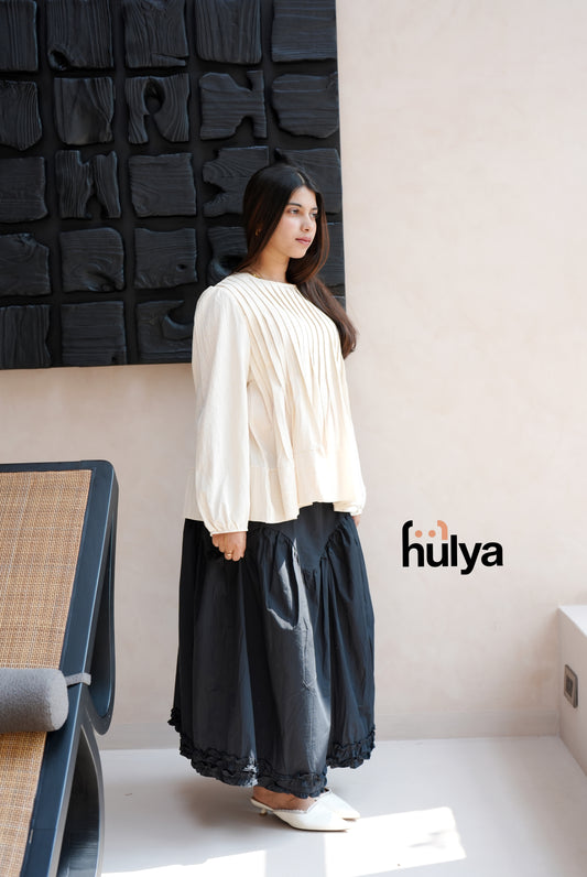 Beige Cotlinen Modeline Top & Midnight Black Tiered Skirt Set