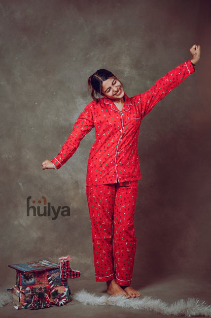 Hulya RED XMAS PRINTED Breathable Pyjama Set for Adults