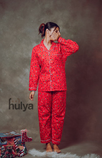 Hulya RED XMAS PRINTED Breathable Pyjama Set for Adults