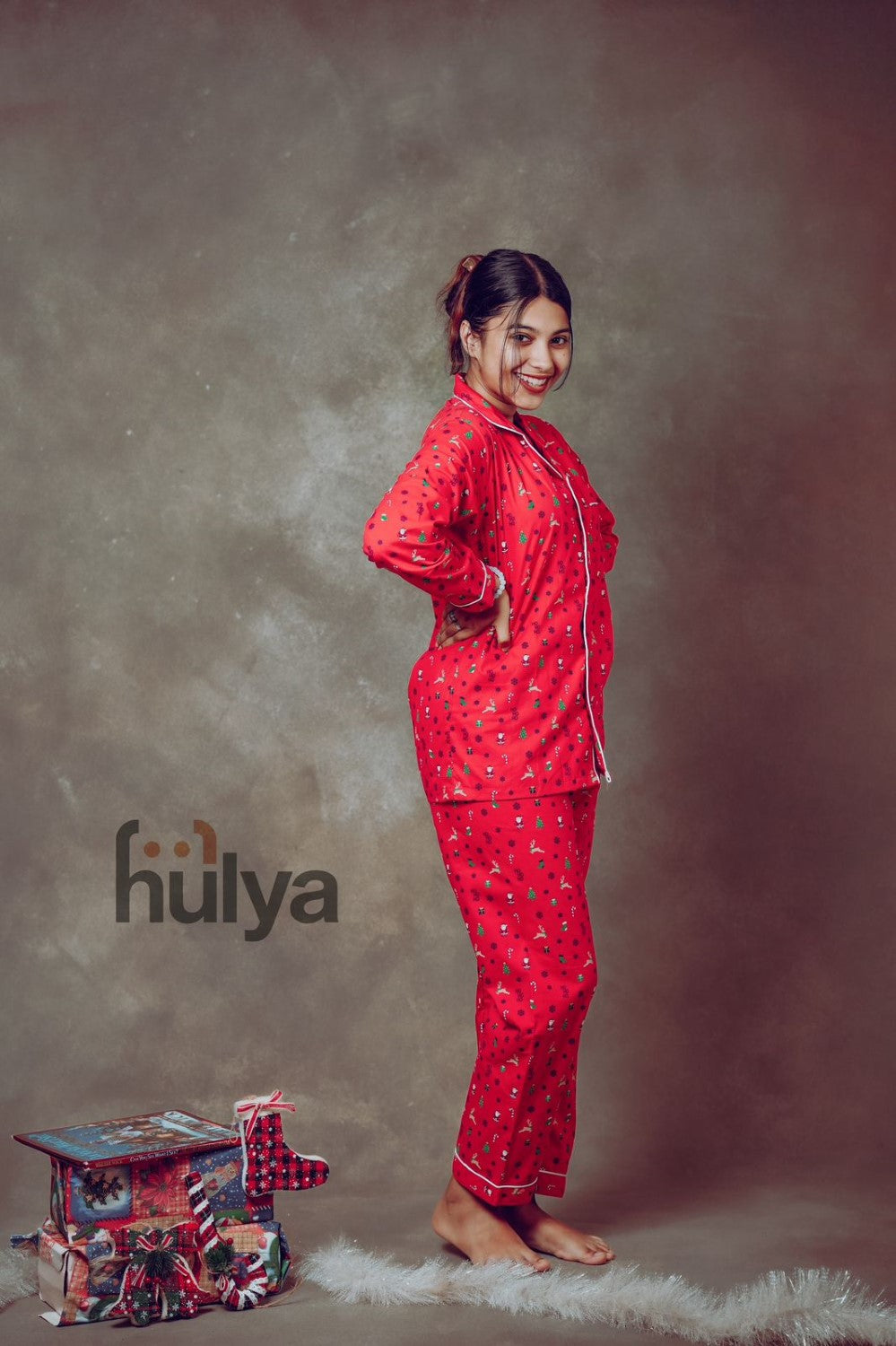 Hulya RED XMAS PRINTED Breathable Pyjama Set for Adults