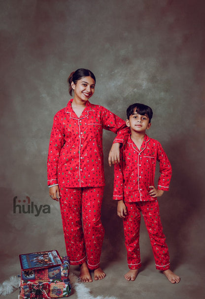 Hulya RED XMAS PRINTED Breathable Pyjama Set for Adults