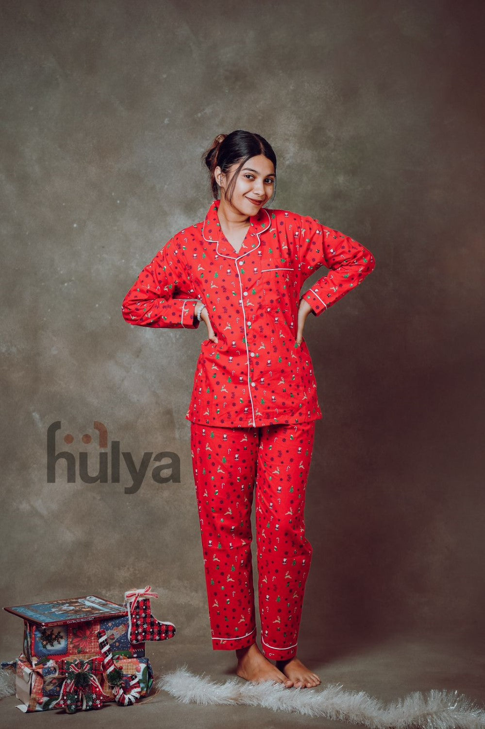 Hulya RED XMAS PRINTED Breathable Pyjama Set for Adults